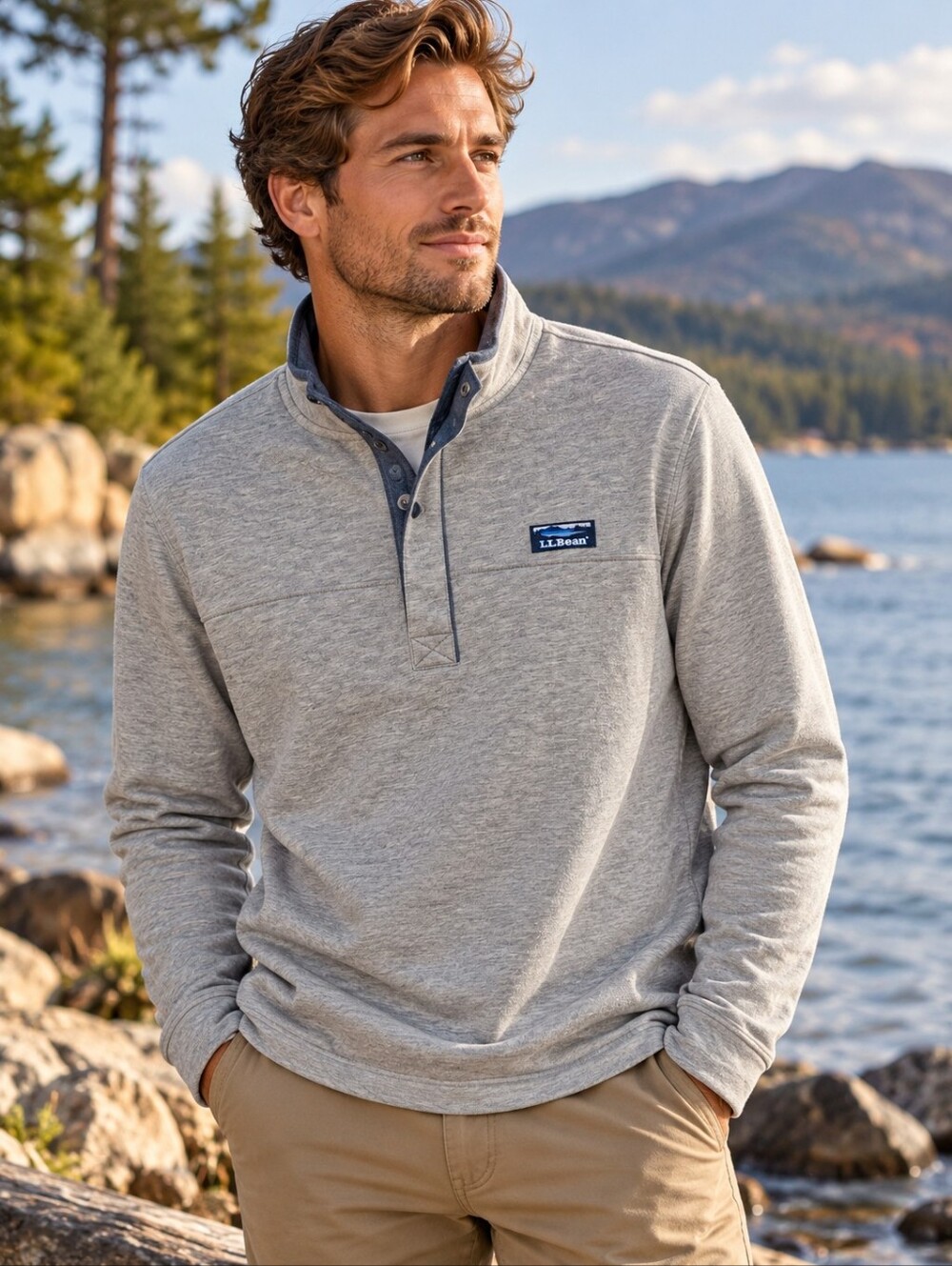 L.L.BEAN Pullover Mens Medium Gray Quarter Snap Cotton Mock Neck Preppy